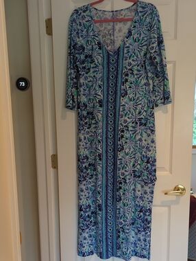 Lilly Pulitzer Blue Teal Floral V-Neck Maxi Dress